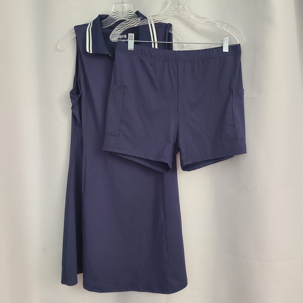 Freeye Sz L Navy Sleeveless Tennis Pickleball Active Outdoor Dress & Short Set